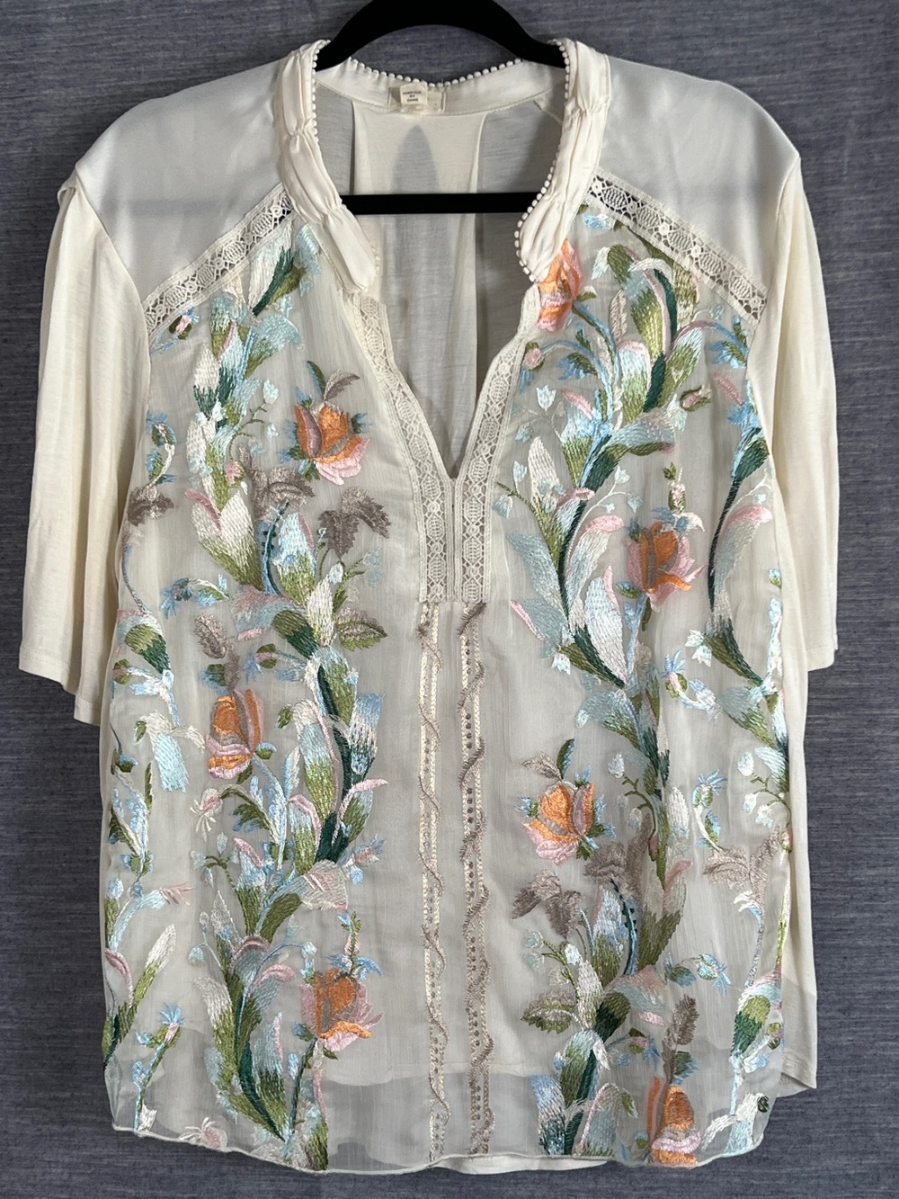 Anthropologie TINY XL cream pastel sheer embroidered dainty floral blouse top - Picture 2 of 14